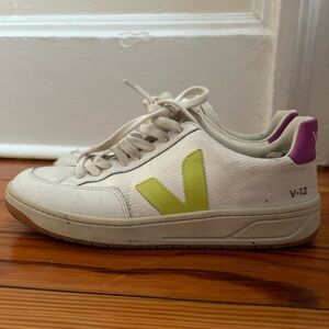 Veja V-12 White Sneakers with Lime and Purple Details